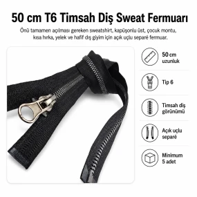 50 cm / 19.69 in T6 Crocodile Tooth Molded Sweatshirt Zipper, Open-End Separating EPR0050T6TMS