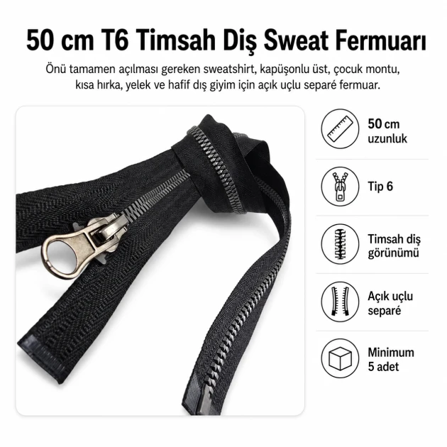 50 cm / 19.69 in T6 Crocodile Tooth Molded Sweatshirt Zipper, Open-End Separating for hoodies and jackets