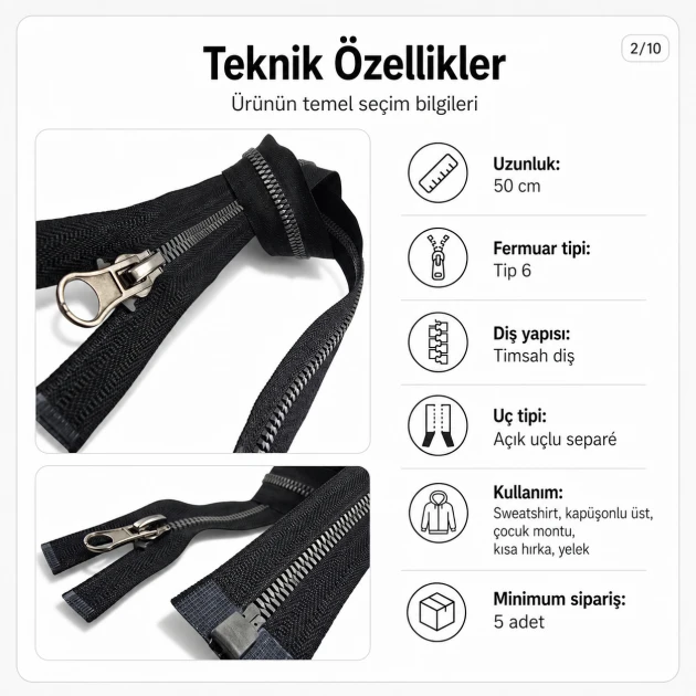 50 cm / 19.69 in T6 Crocodile Tooth Molded Sweatshirt Zipper, Open-End Separating for hoodies and jackets