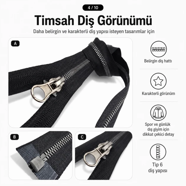 50 cm / 19.69 in T6 Crocodile Tooth Molded Sweatshirt Zipper, Open-End Separating for hoodies and jackets