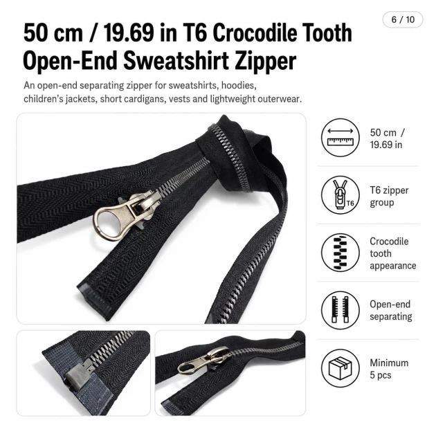 50 cm / 19.69 in T6 Crocodile Tooth Molded Sweatshirt Zipper, Open-End Separating for hoodies and jackets