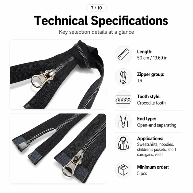 50 cm / 19.69 in T6 Crocodile Tooth Molded Sweatshirt Zipper, Open-End Separating for hoodies and jackets