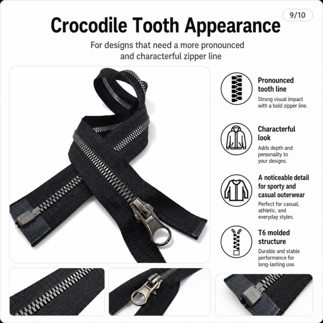 50 cm / 19.69 in T6 Crocodile Tooth Molded Sweatshirt Zipper, Open-End Separating for hoodies and jackets