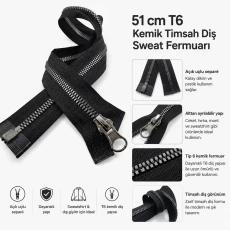 51 cm T6 Kemik Timsah Diş Sweat Fermuarı Açık Uçlu Separé EPR0051T6TMS