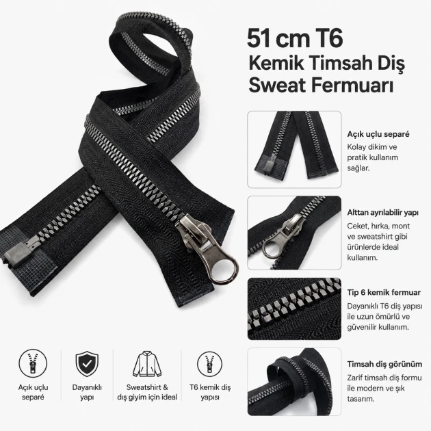 51 cm T6 Kemik Timsah Diş Sweat Fermuarı Açık Uçlu Separé - Tekstil, mont ve aksesuarlar için ideal
