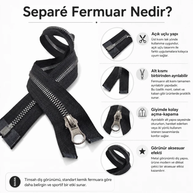 51 cm T6 Kemik Timsah Diş Sweat Fermuarı Açık Uçlu Separé - Tekstil, mont ve aksesuarlar için ideal