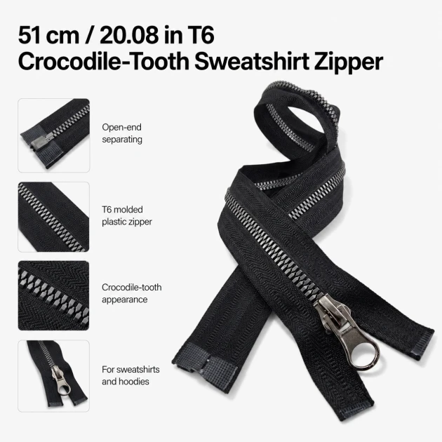 51 cm T6 Kemik Timsah Diş Sweat Fermuarı Açık Uçlu Separé - Tekstil, mont ve aksesuarlar için ideal