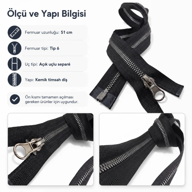 51 cm T6 Kemik Timsah Diş Sweat Fermuarı Açık Uçlu Separé - Tekstil, mont ve aksesuarlar için ideal