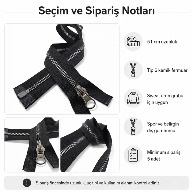 51 cm T6 Kemik Timsah Diş Sweat Fermuarı Açık Uçlu Separé - Tekstil, mont ve aksesuarlar için ideal