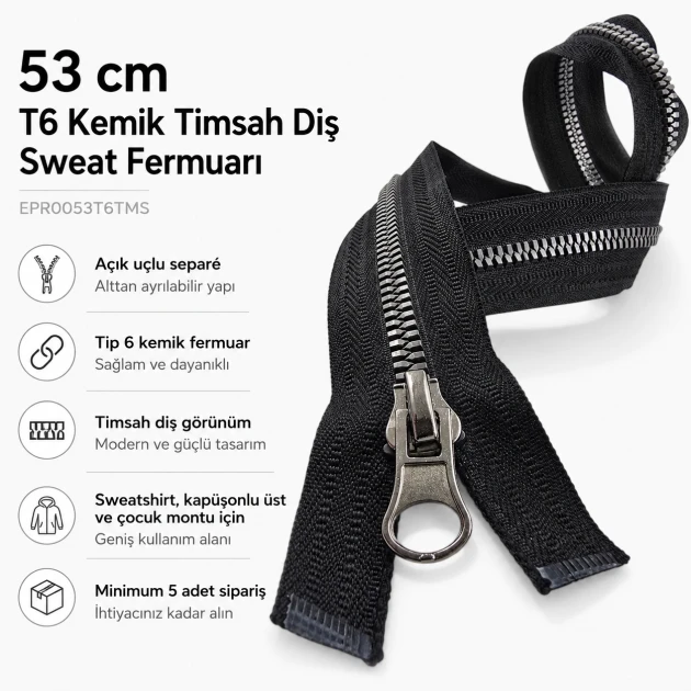 53 cm / 20.87 in T6 Crocodile-Tooth Molded Plastic Sweatshirt Zipper, Open-End Separating for hoodies and jackets