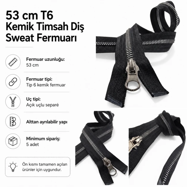 53 cm / 20.87 in T6 Crocodile-Tooth Molded Plastic Sweatshirt Zipper, Open-End Separating for hoodies and jackets