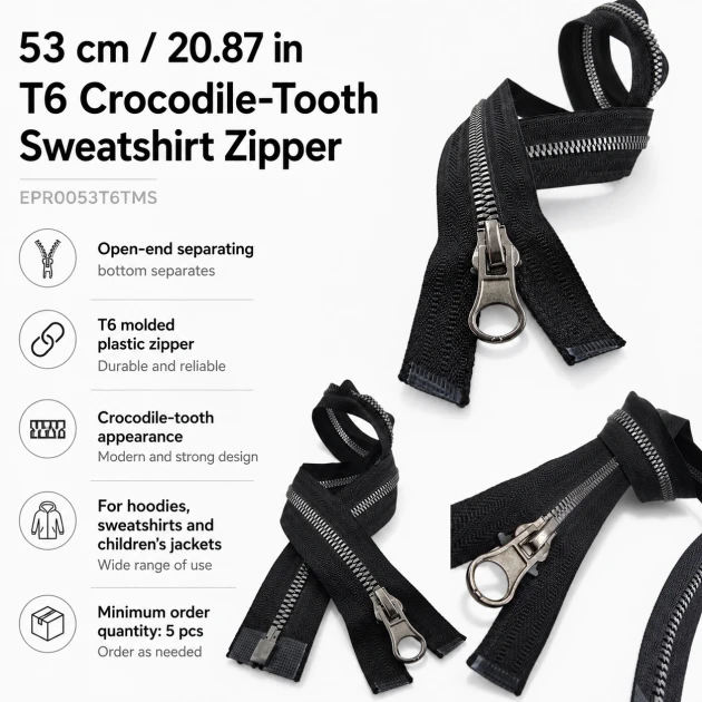 53 cm / 20.87 in T6 Crocodile-Tooth Molded Plastic Sweatshirt Zipper, Open-End Separating for hoodies and jackets