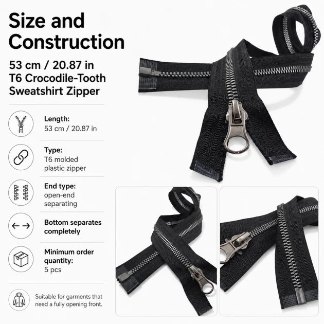 53 cm / 20.87 in T6 Crocodile-Tooth Molded Plastic Sweatshirt Zipper, Open-End Separating for hoodies and jackets