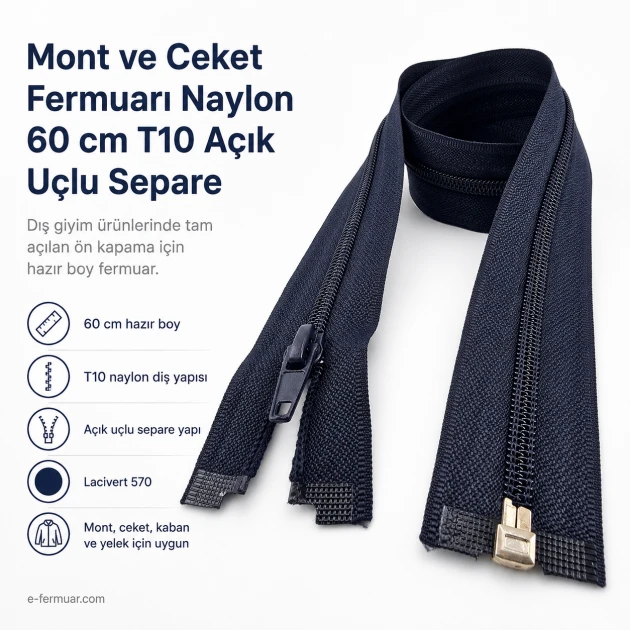 60 cm / 23.62 in N5 Nylon Coil Open-End Separating Zipper for Jackets and Coats