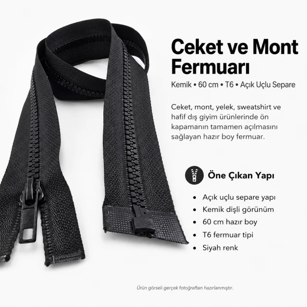 60 cm / 23.62 in T6 Molded Tooth Open-End Separating Zipper for Jackets and Coats