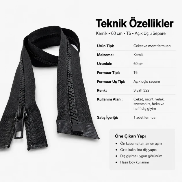 60 cm / 23.62 in T6 Molded Tooth Open-End Separating Zipper for Jackets and Coats