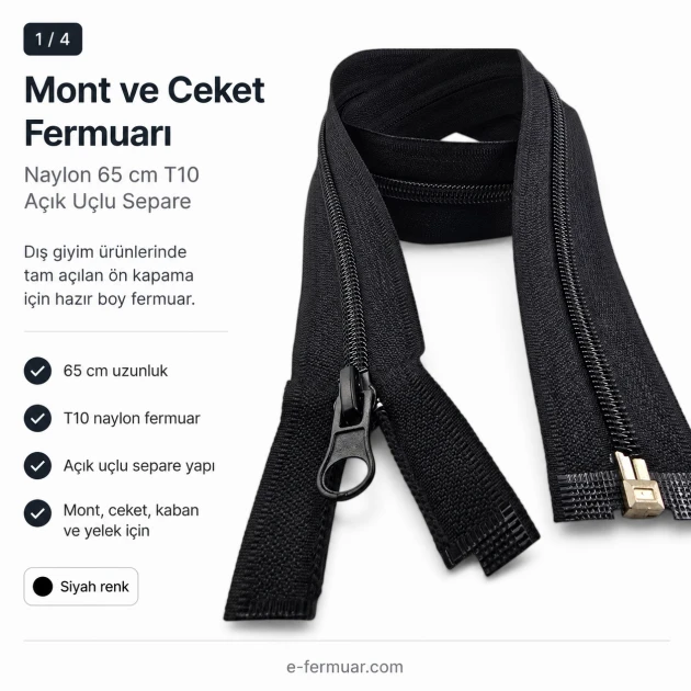 Mont ve Ceket Fermuarı Naylon 65 cm T10 Açık Uçlu Separe Siyah EPR0065T10
