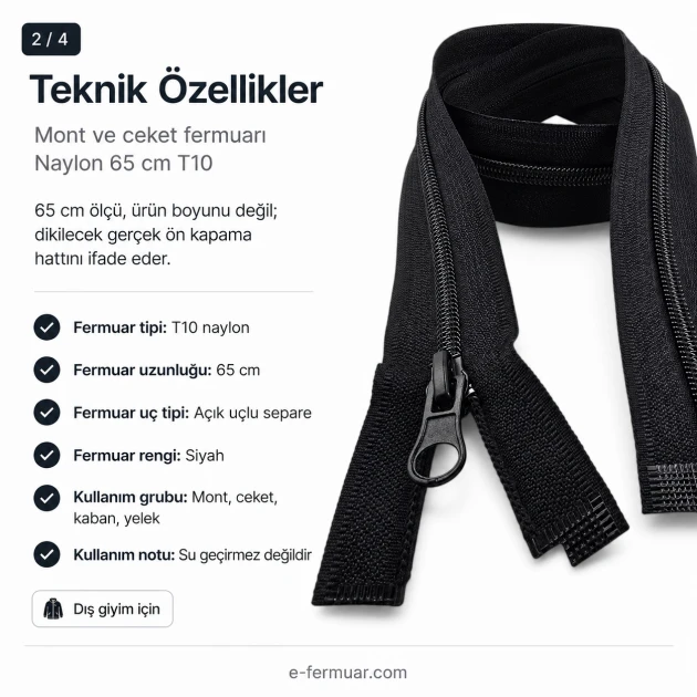 Mont ve Ceket Fermuarı Naylon 65 cm T10 Açık Uçlu Separe Siyah EPR0065T10