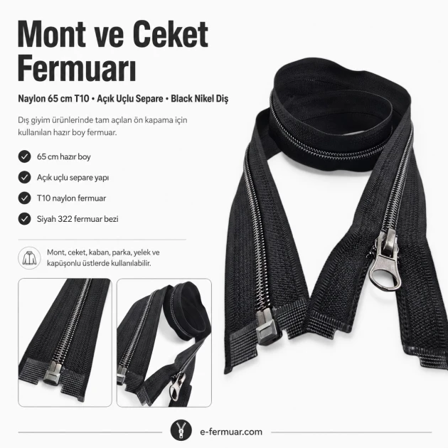 65 cm / 25.59 in N5 Nylon Coil Open-End Separating Jacket Zipper with Black Nickel Teeth for jackets, coats and outerwear