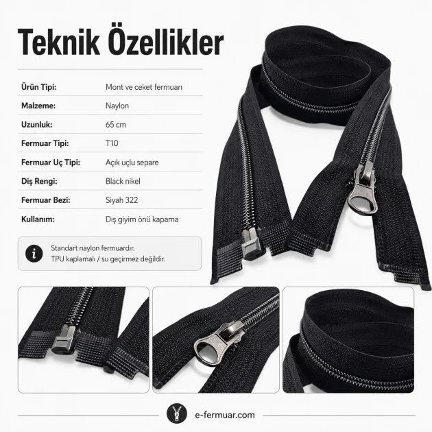 65 cm / 25.59 in N5 Nylon Coil Open-End Separating Jacket Zipper with Black Nickel Teeth for jackets, coats and outerwear
