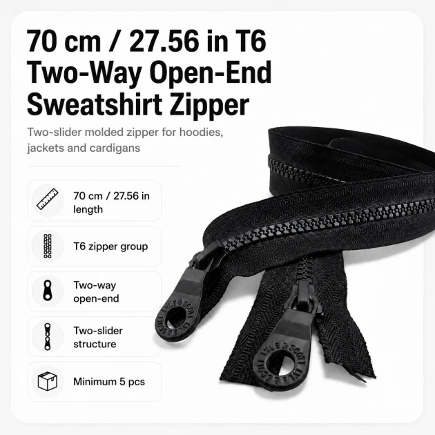 70 cm / 27.56 in T6 Molded Sweatshirt Zipper, Two-Way Open-End Separating EPR0070T6C for hoodies, jackets, and lightweight