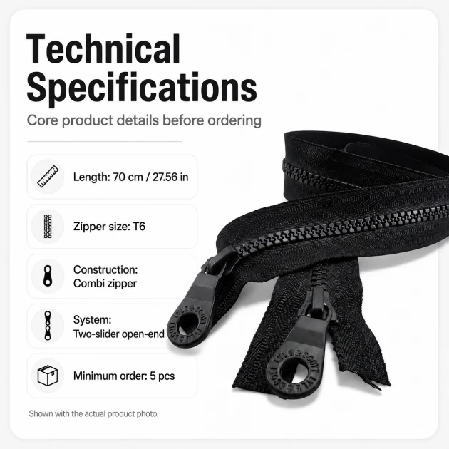 70 cm / 27.56 in T6 Molded Sweatshirt Zipper, Two-Way Open-End Separating EPR0070T6C for hoodies, jackets, and lightweight