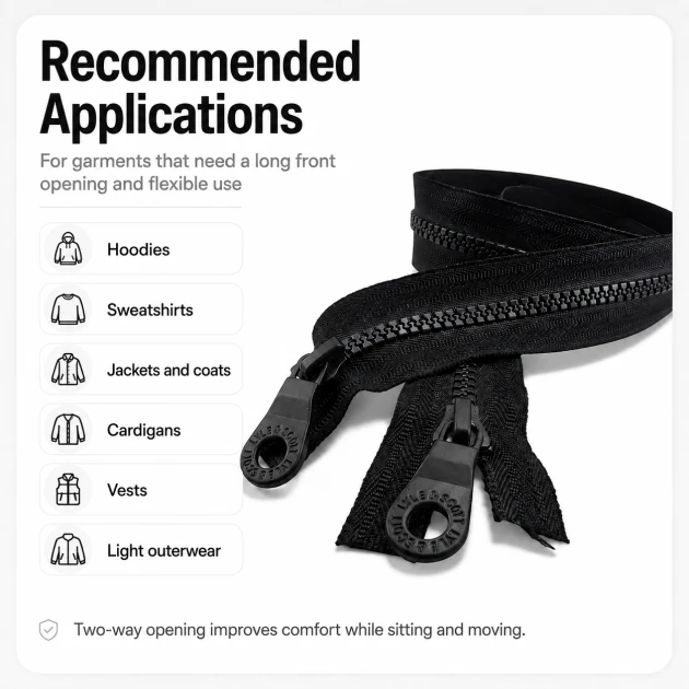 70 cm / 27.56 in T6 Molded Sweatshirt Zipper, Two-Way Open-End Separating EPR0070T6C for hoodies, jackets, and lightweight
