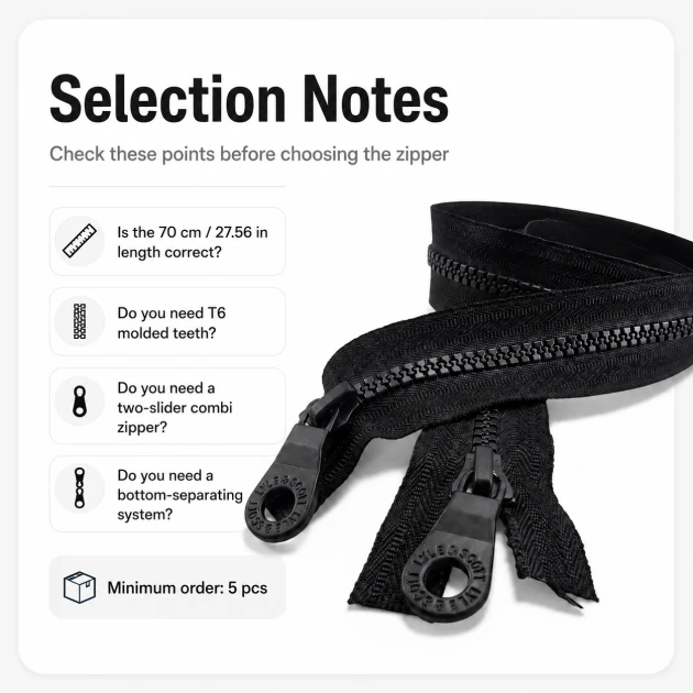 70 cm / 27.56 in T6 Molded Sweatshirt Zipper, Two-Way Open-End Separating EPR0070T6C for hoodies, jackets, and lightweight