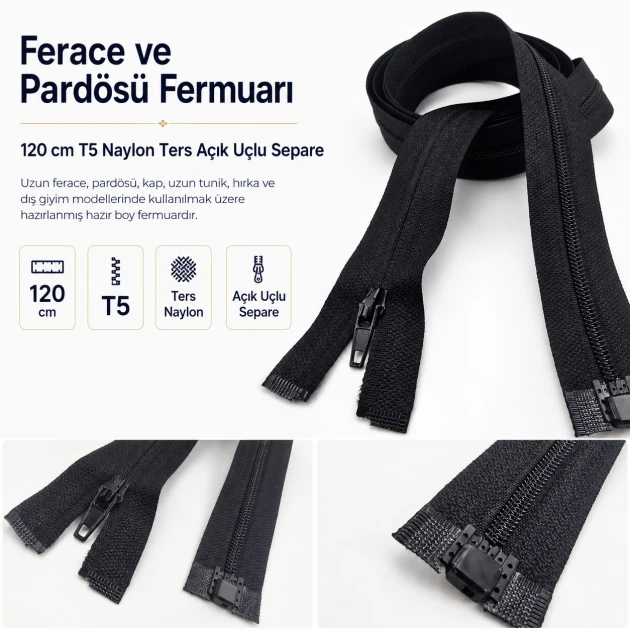 120 cm / 47.24 in N3 Reverse Nylon Coil Separating Zipper for Ferace and Long Modest Outerwear