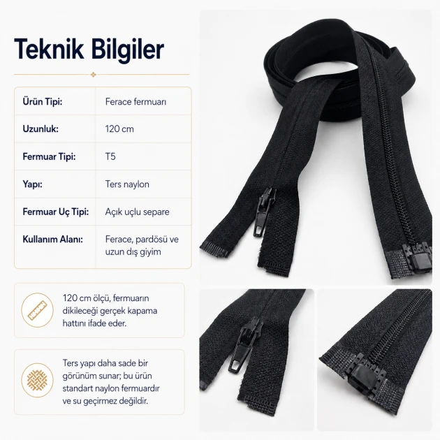 120 cm / 47.24 in N3 Reverse Nylon Coil Separating Zipper for Ferace and Long Modest Outerwear