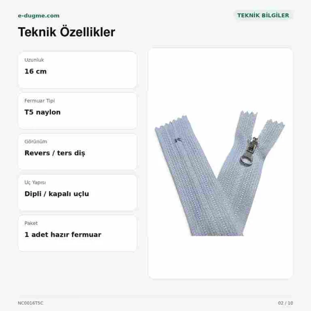 Revers Cep Fermuarı Naylon 16 cm T5, mont, ceket ve çanta için ideal kapama çözümü
