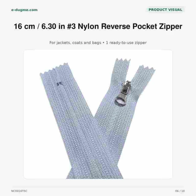 Revers Cep Fermuarı Naylon 16 cm T5, mont, ceket ve çanta için ideal kapama çözümü