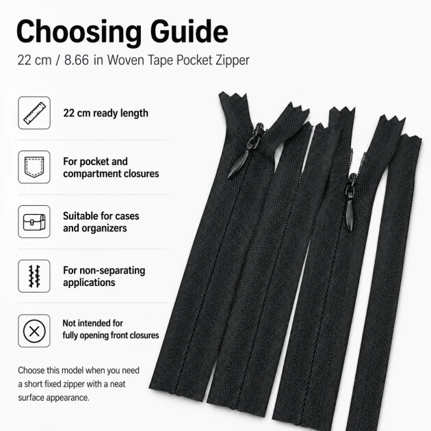 22 cm / 8.66 in Woven Tape Pocket Zipper for Bags, Cases and Organizers, Closed-End ZPG0022DKM