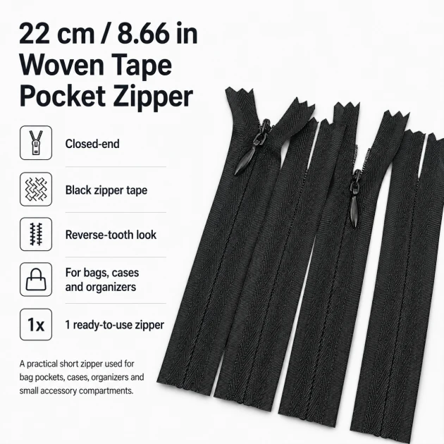 22 cm / 8.66 in Woven Tape Pocket Zipper for Bags, Cases and Organizers, Closed-End ZPG0022DKM