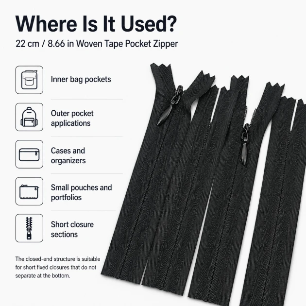 22 cm / 8.66 in Woven Tape Pocket Zipper for Bags, Cases and Organizers, Closed-End ZPG0022DKM