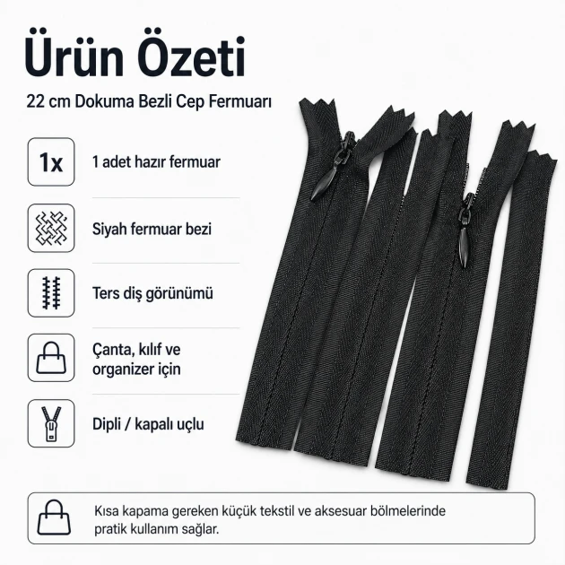 22 cm / 8.66 in Woven Tape Pocket Zipper for Bags, Cases and Organizers, Closed-End ZPG0022DKM
