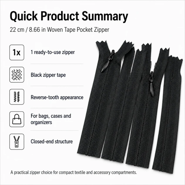 22 cm / 8.66 in Woven Tape Pocket Zipper for Bags, Cases and Organizers, Closed-End ZPG0022DKM