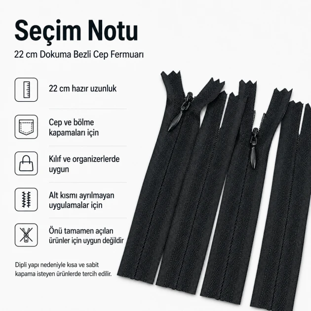 22 cm / 8.66 in Woven Tape Pocket Zipper for Bags, Cases and Organizers, Closed-End ZPG0022DKM