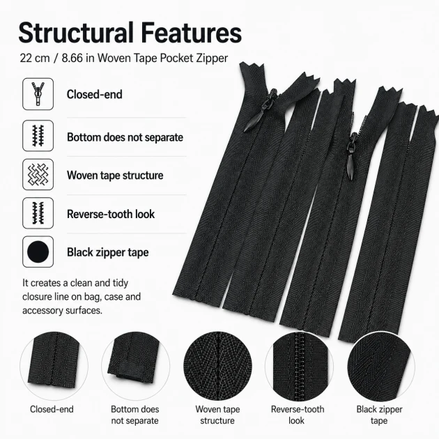 22 cm / 8.66 in Woven Tape Pocket Zipper for Bags, Cases and Organizers, Closed-End ZPG0022DKM