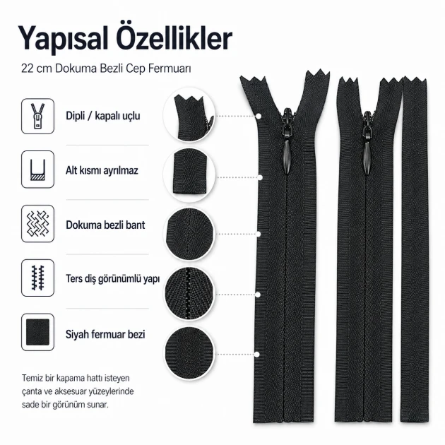 22 cm / 8.66 in Woven Tape Pocket Zipper for Bags, Cases and Organizers, Closed-End ZPG0022DKM
