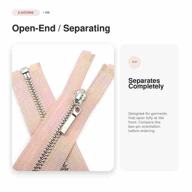 35 cm / 13.78 in #4.5 Open-End Jacket Zipper in Powder Pink with Nickel-Finish Metal Teeth