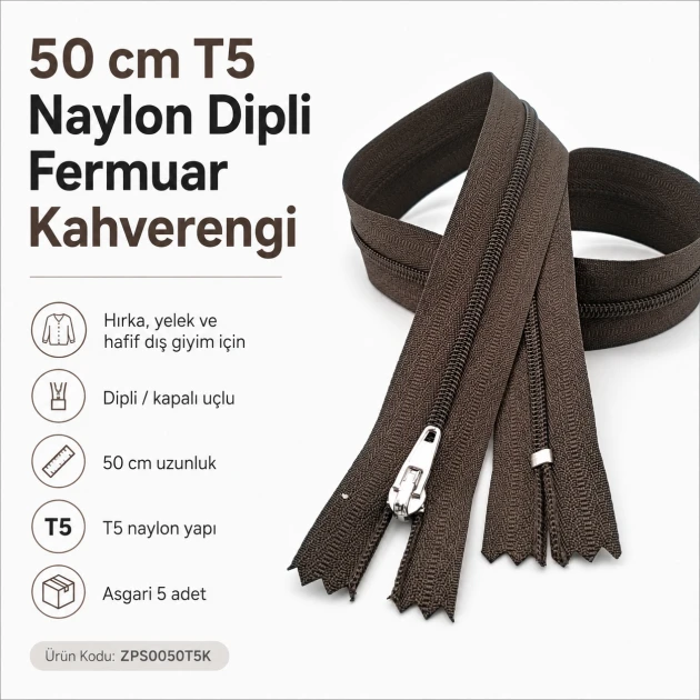 Hırka, yelek ve dış giyim için 50 cm T5 naylon dipli kahverengi fermuar
