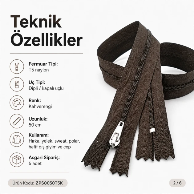 Hırka, yelek ve dış giyim için 50 cm T5 naylon dipli kahverengi fermuar