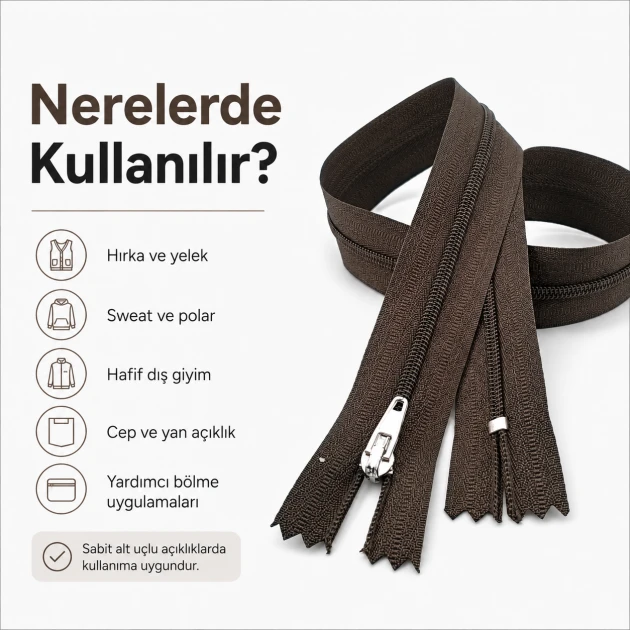 Hırka, yelek ve dış giyim için 50 cm T5 naylon dipli kahverengi fermuar