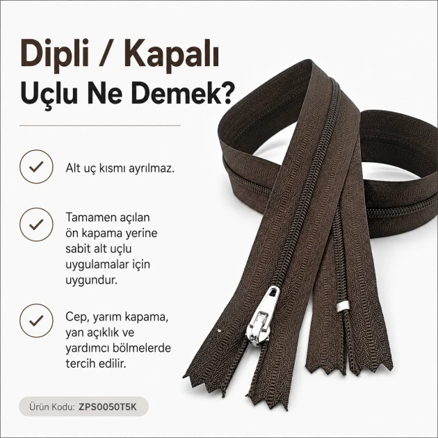 Hırka, yelek ve dış giyim için 50 cm T5 naylon dipli kahverengi fermuar
