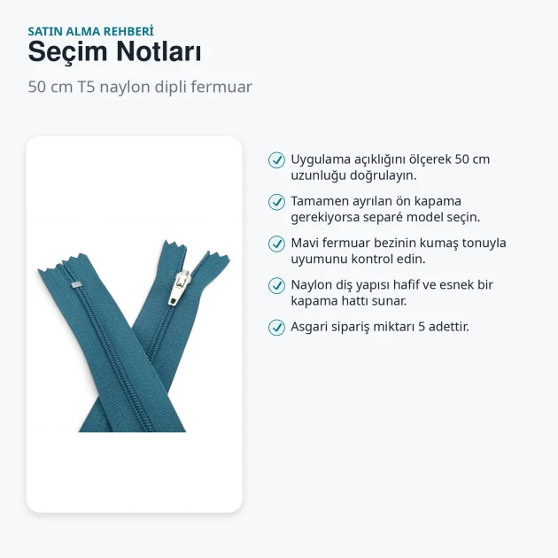 50 cm T5 Naylon Dipli Fermuar Mavi, Hırka ve Yelek Dış Giyim İçin Uygun