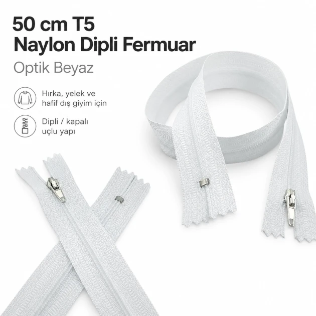 Hırka, yelek ve dış giyim için 50 cm uzunluğunda T5 dipli optik beyaz naylon fermuar