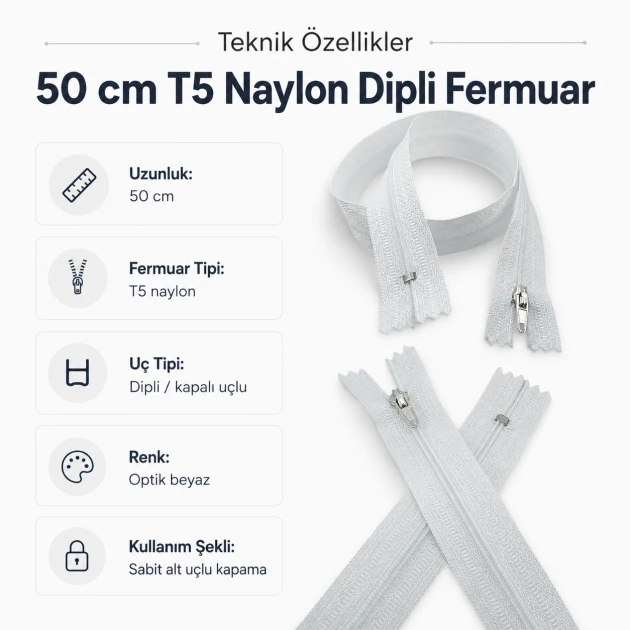 Hırka, yelek ve dış giyim için 50 cm uzunluğunda T5 dipli optik beyaz naylon fermuar