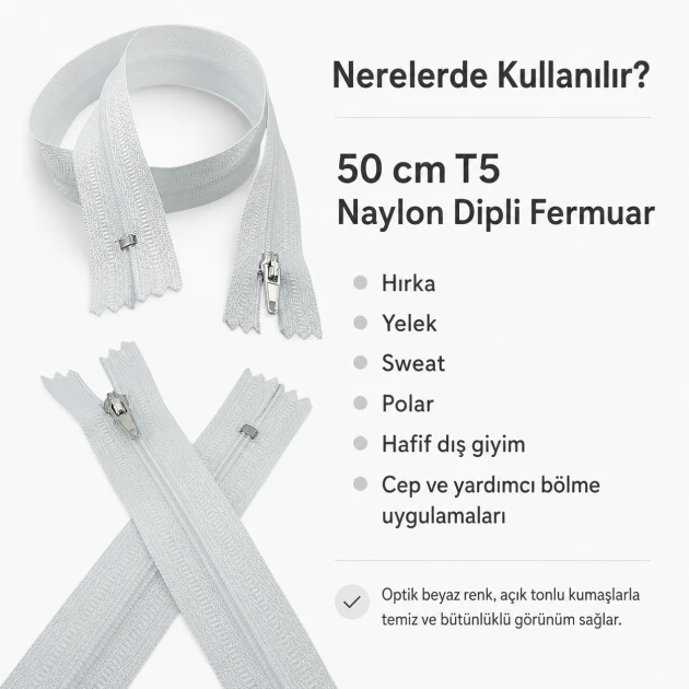Hırka, yelek ve dış giyim için 50 cm uzunluğunda T5 dipli optik beyaz naylon fermuar
