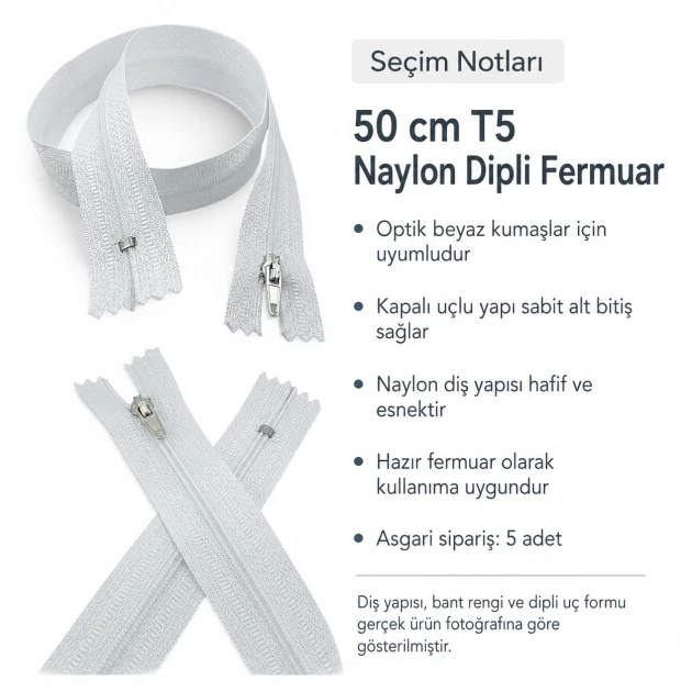 Hırka, yelek ve dış giyim için 50 cm uzunluğunda T5 dipli optik beyaz naylon fermuar